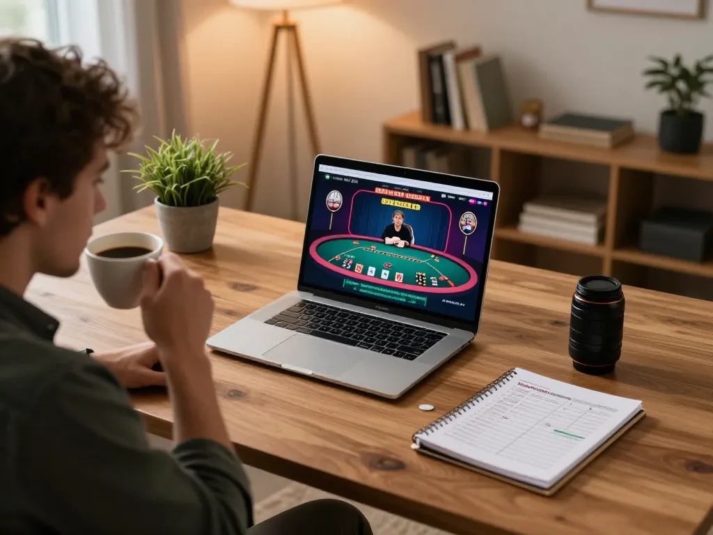 Player engaging in online gaming on their laptop at home, showcasing tg8886 gambling strategies.