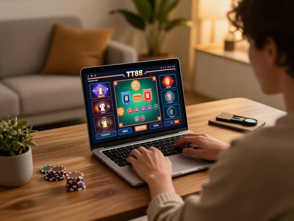 Engaging in strategic TT88 online gaming while relaxing at a modern desk