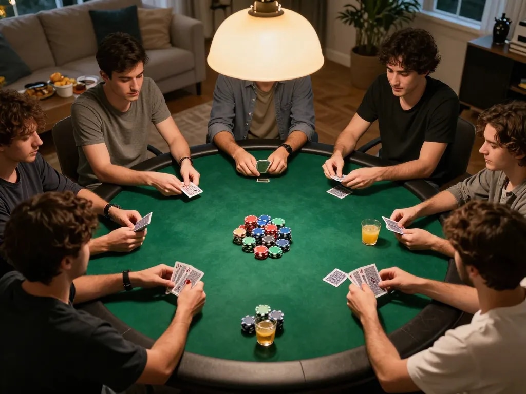 Các người chơi Go88 tận hưởng một đêm poker thú vị tại nhà với bạn bè và những viên chip đầy màu sắc.