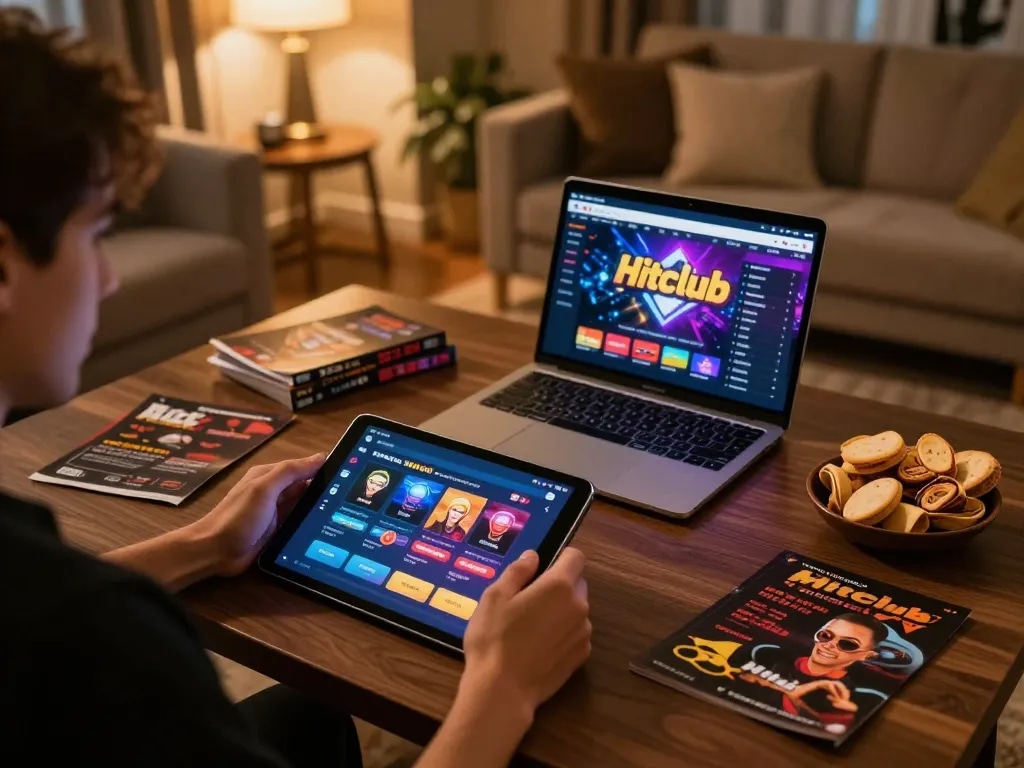 Người chơi tận hưởng ứng dụng casino Hitclub trên máy tính bảng trong một môi trường chơi game ấm cúng.
