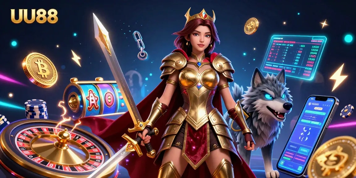 Spin and win with UU88 at the immersive casino showcasing roulette, poker, and crypto elements.