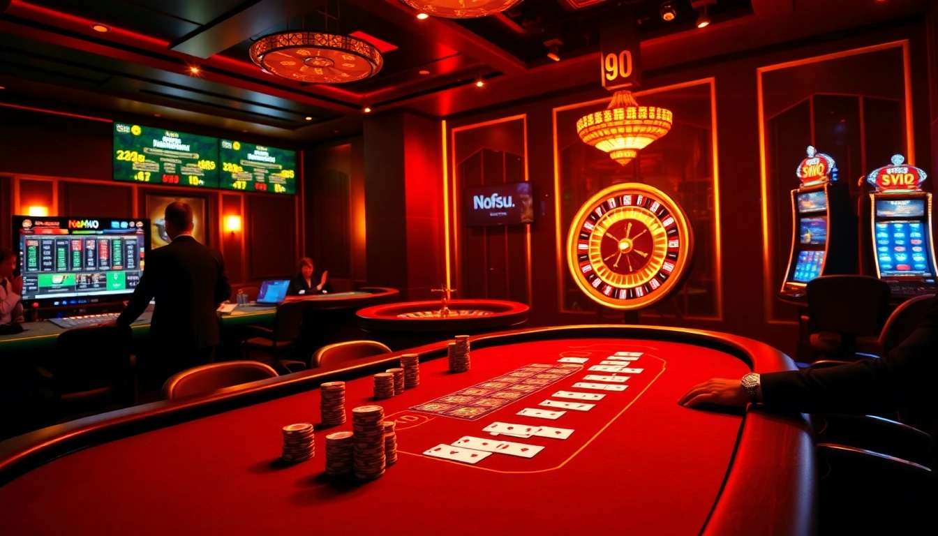Nohu90 online casino showcasing an exciting poker table and slot machines in a luxurious atmosphere.