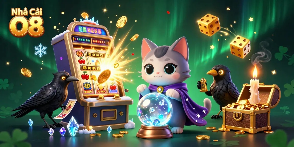 Experience the thrilling games at Nhà Cái O8 with dynamic slot action, vibrant casino elements, and whimsical characters.