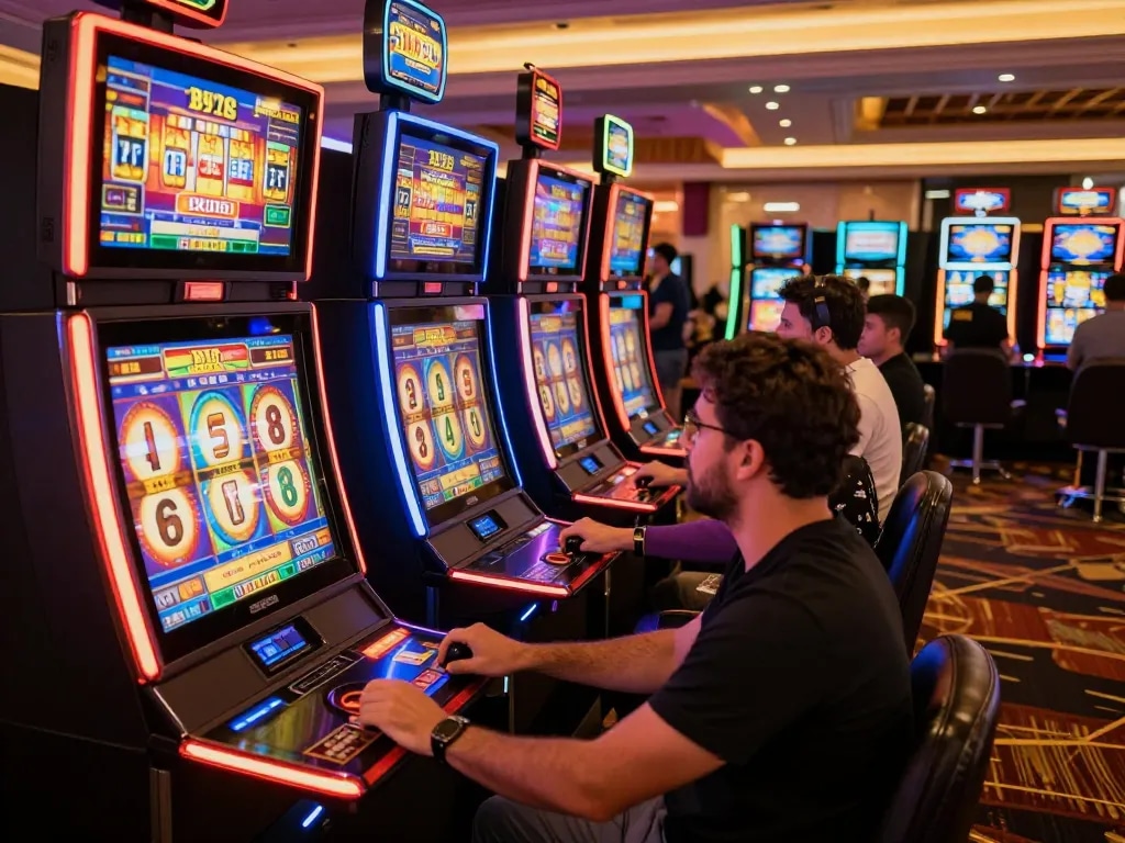 Players enjoying exciting slot games at Bay789 casino, capturing the vibrant atmosphere.