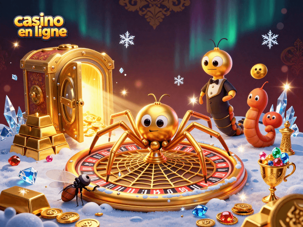 Amuse-toi au casino en ligne avec une araignée dorée à la roulette, des bijoux éblouissants et un croupier centipède.