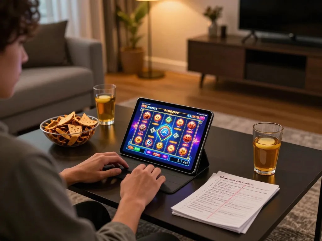 Engaging player enjoying NOHU90 slot games on tablet, cozy home gaming setup.