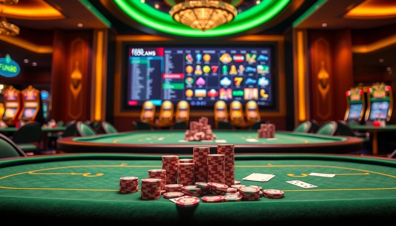 Exciting gameplay at Fun88 Thai with casino tables, poker chips, and vibrant betting scenes.