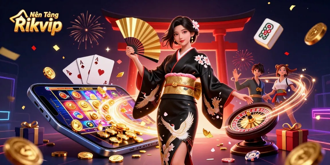 Experience the thrill of Nền Tảng Rikvip with colorful slots and gaming moments in a vibrant scene.