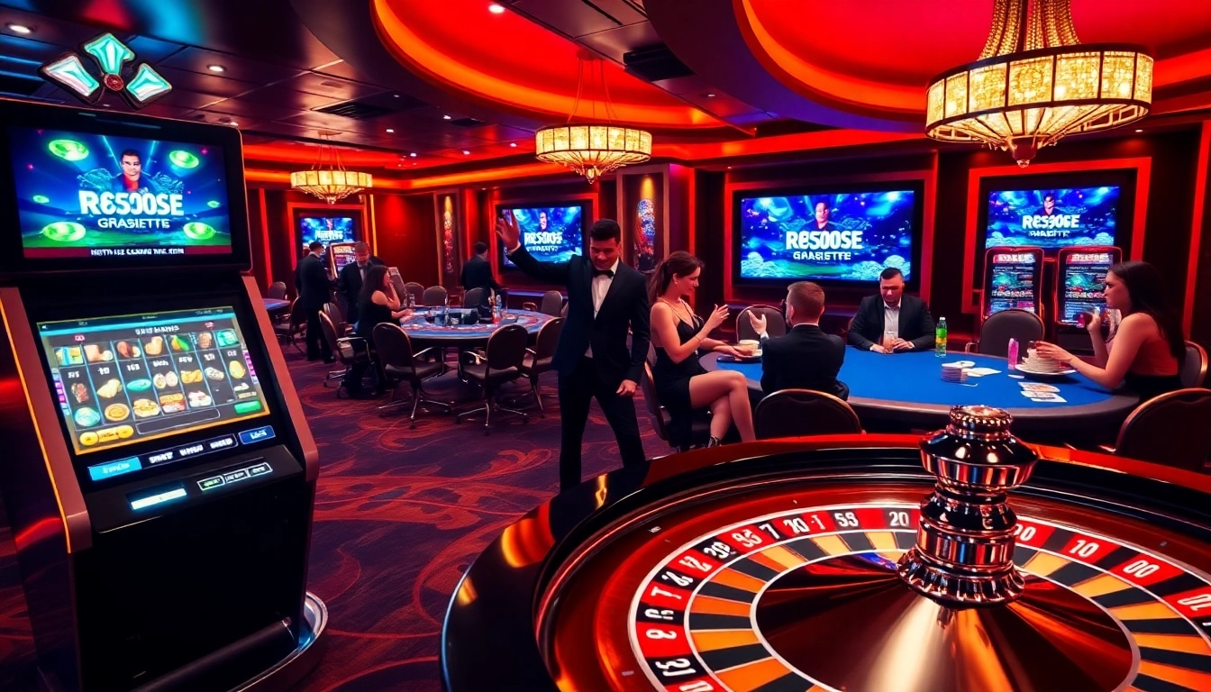 Players enjoying the excitement of gambling at https://rr88me.com/ with a roulette table and slot machines.