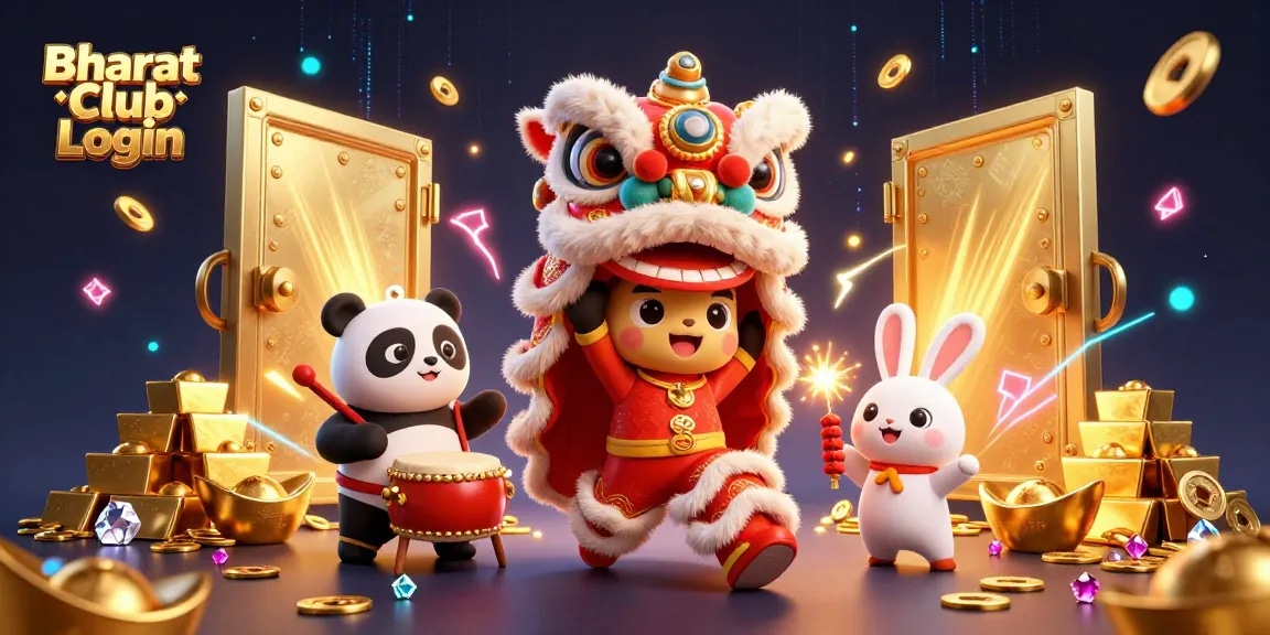 Bharat Club Login showcasing vibrant gaming scene with lion dance, panda, and treasure elements in a 3D casino environment