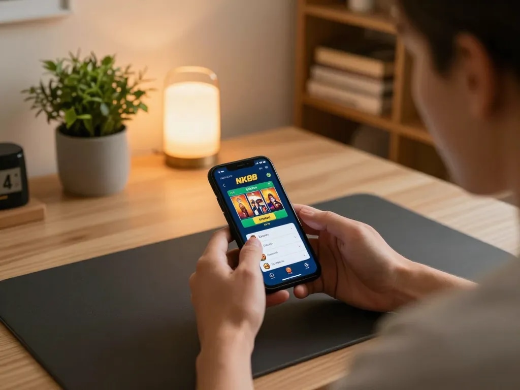 Engaging in mobile gambling with NK88 app on smartphone, showcasing the excitement of online gaming.