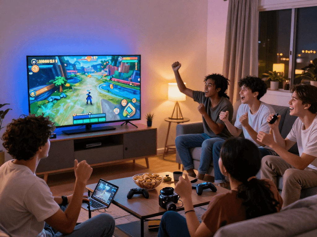 Exciting group of friends enjoying LEMON121 gaming in a cozy living room