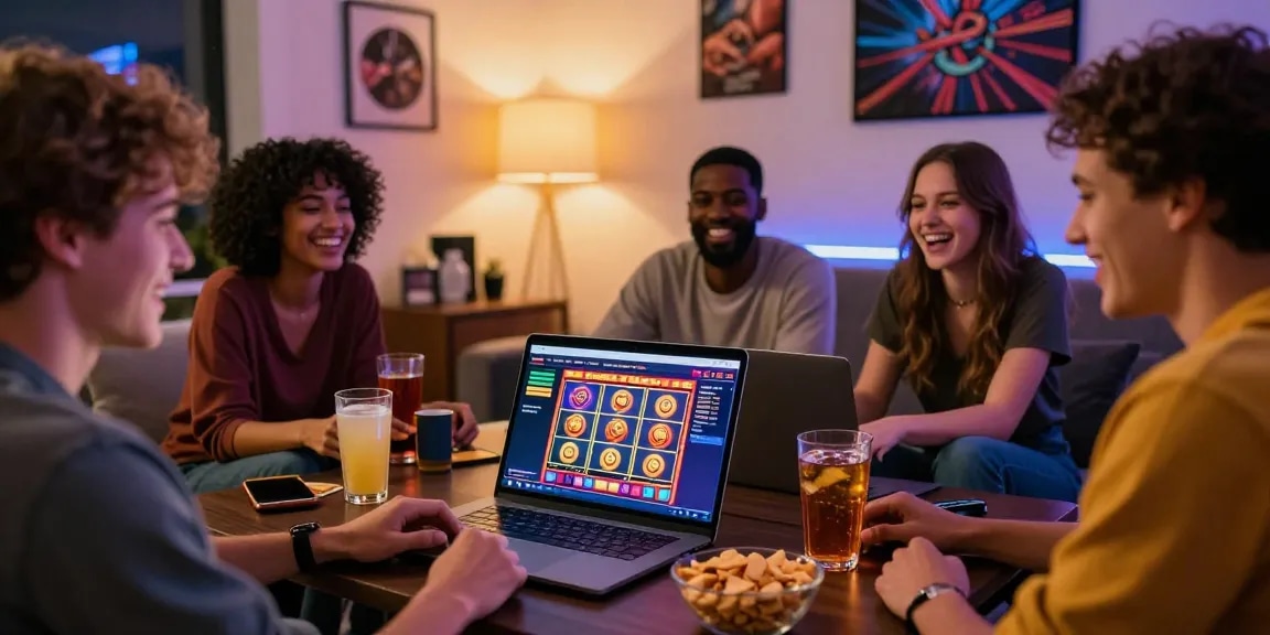 Friends enjoying a fun evening exploring top non uk casinos on a laptop in a stylish living room.