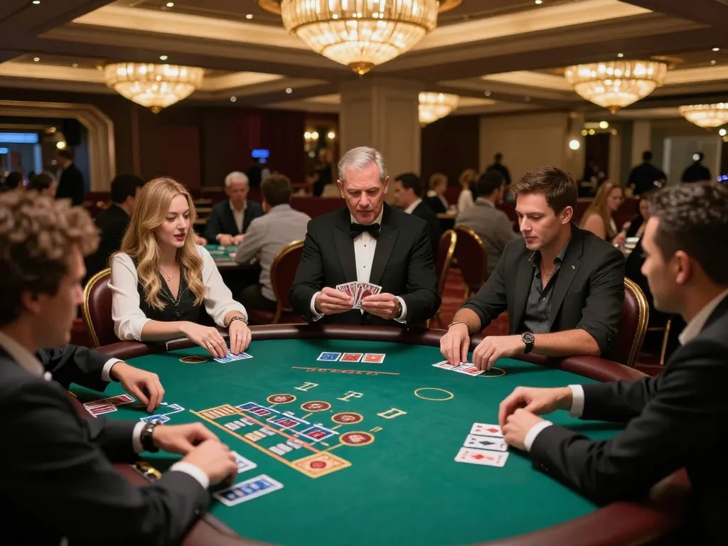 Players at the hit club blackjack table make strategic bets while interacting with the dealer