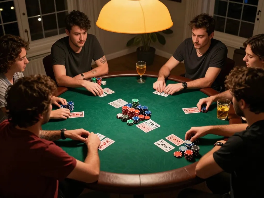 Engaged players at a home poker night strategizing as they play in the hit club atmosphere.