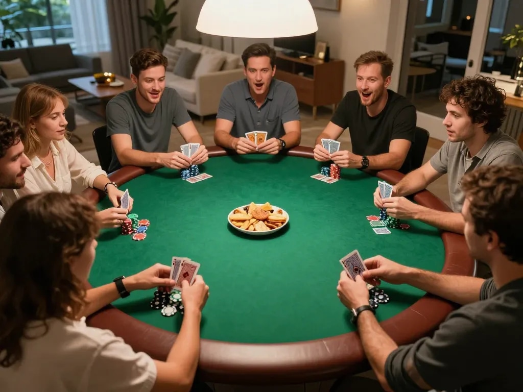 Các người chơi B52club ăn mừng một ván bài thắng tại một buổi tối poker tại nhà, thể hiện sự cạnh tranh thân thiện và tình bạn.