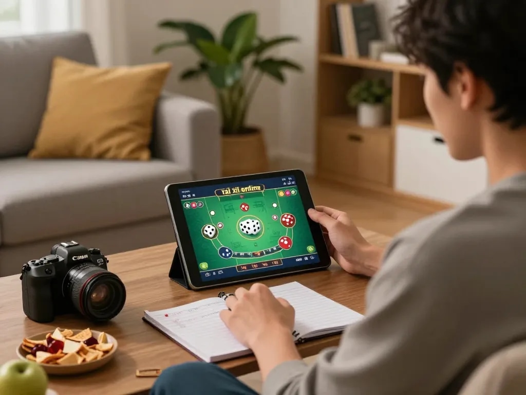 Tài xỉu online session in a cozy home setting, featuring a player using a tablet and strategic notes.
