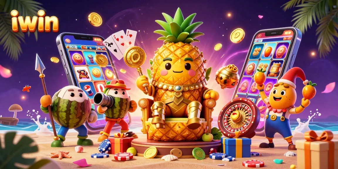 Experience the iwin gaming action with the golden pineapple king and vibrant slot elements in a casino setting.