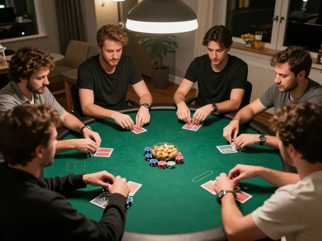 EE88 players enjoying a lively poker game night with cards and chips around a central table