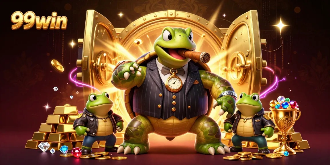 Experience the excitement of 99win with colorful 3D characters in a lavish casino scene.