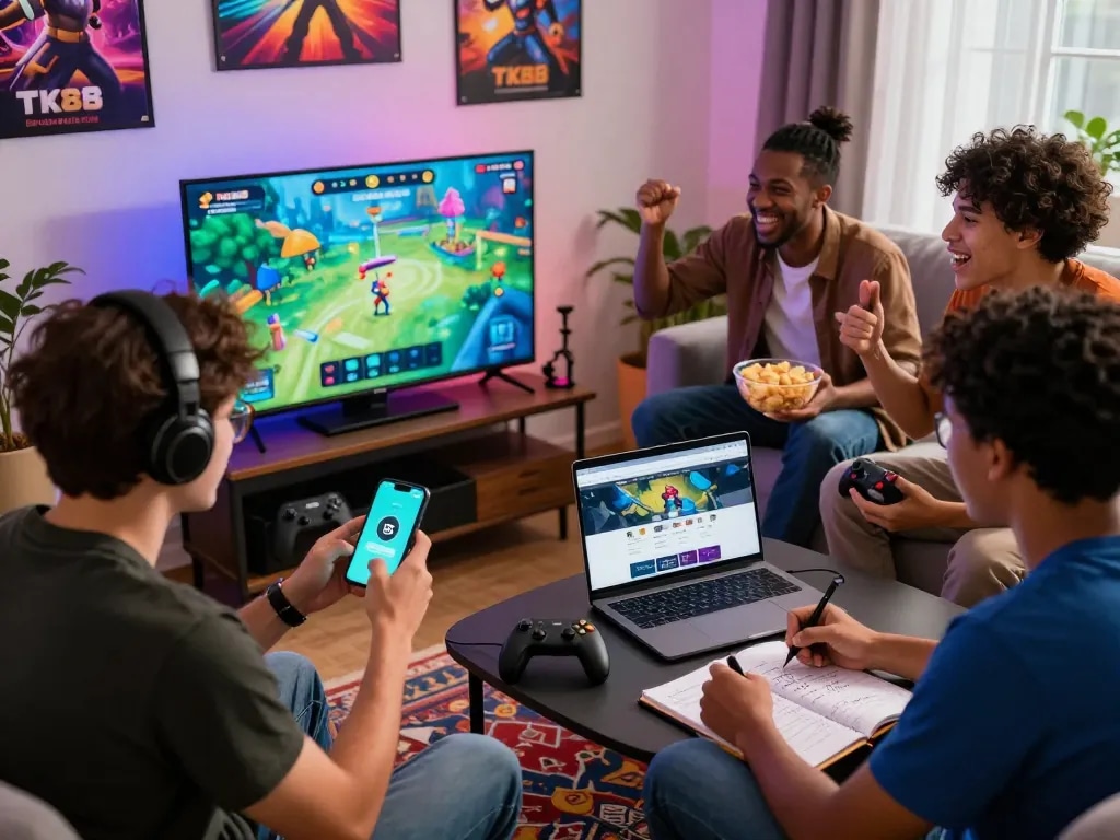 Friends enjoying the TK88 gaming platform in a cozy setting, capturing the excitement of online gaming.