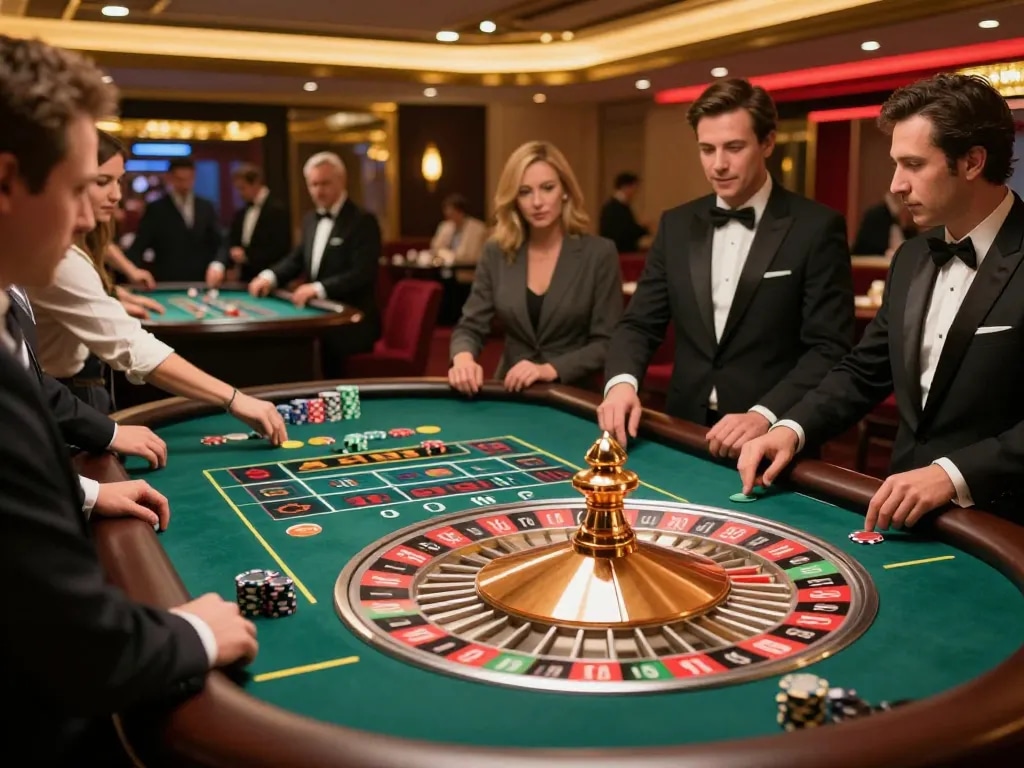 Experience the excitement of roulette as players engage with VIN777 at a luxurious casino.