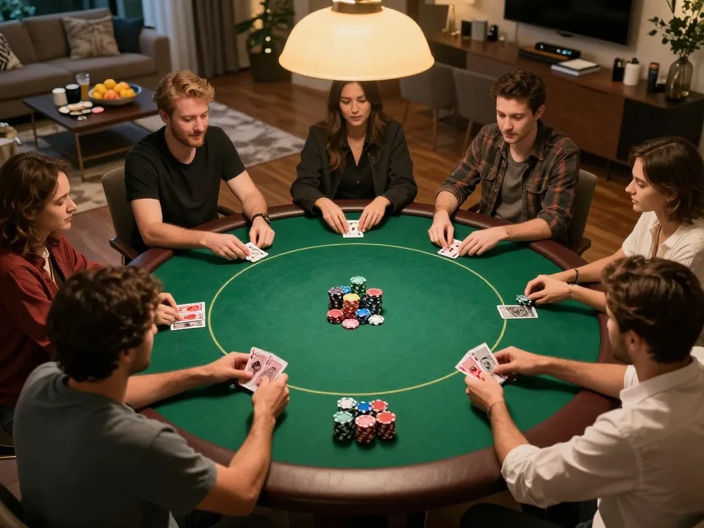 Players enjoy an engaging poker night at home, showcasing strategic play with XX88 among friends.