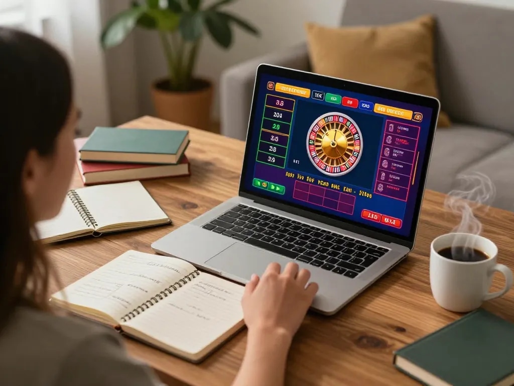 Sunwingo player engaging in live dealer roulette at home, showcasing responsible gaming strategy.