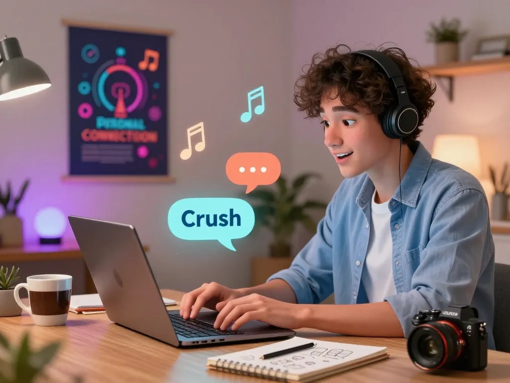 Immersive chat experience using crush on ai in a cozy home office with a vibrant animated character.