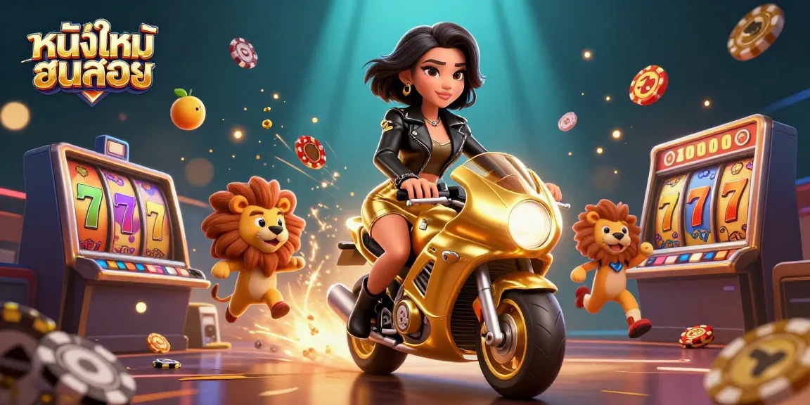 Experience thrilling หนังใหม่ชนโรง action with a glamorous Asian woman riding a golden lion mascot in a casino