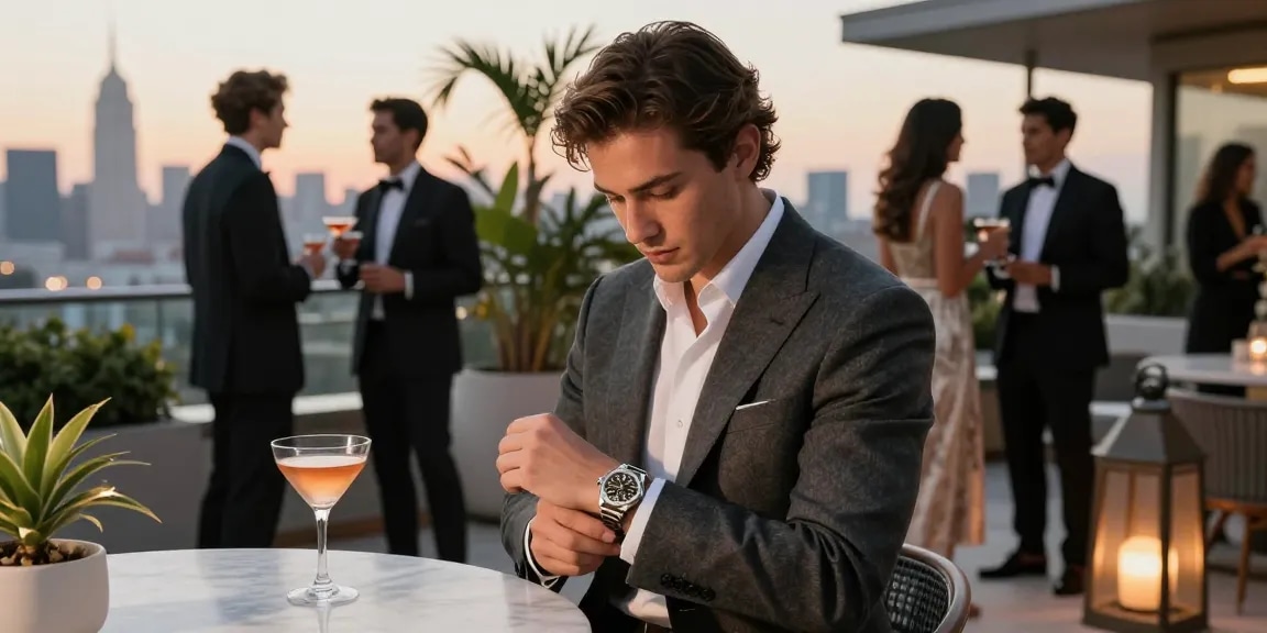 Elegant individual showcasing a replica watch at a rooftop cocktail party, surrounded by a stylish modern setting.