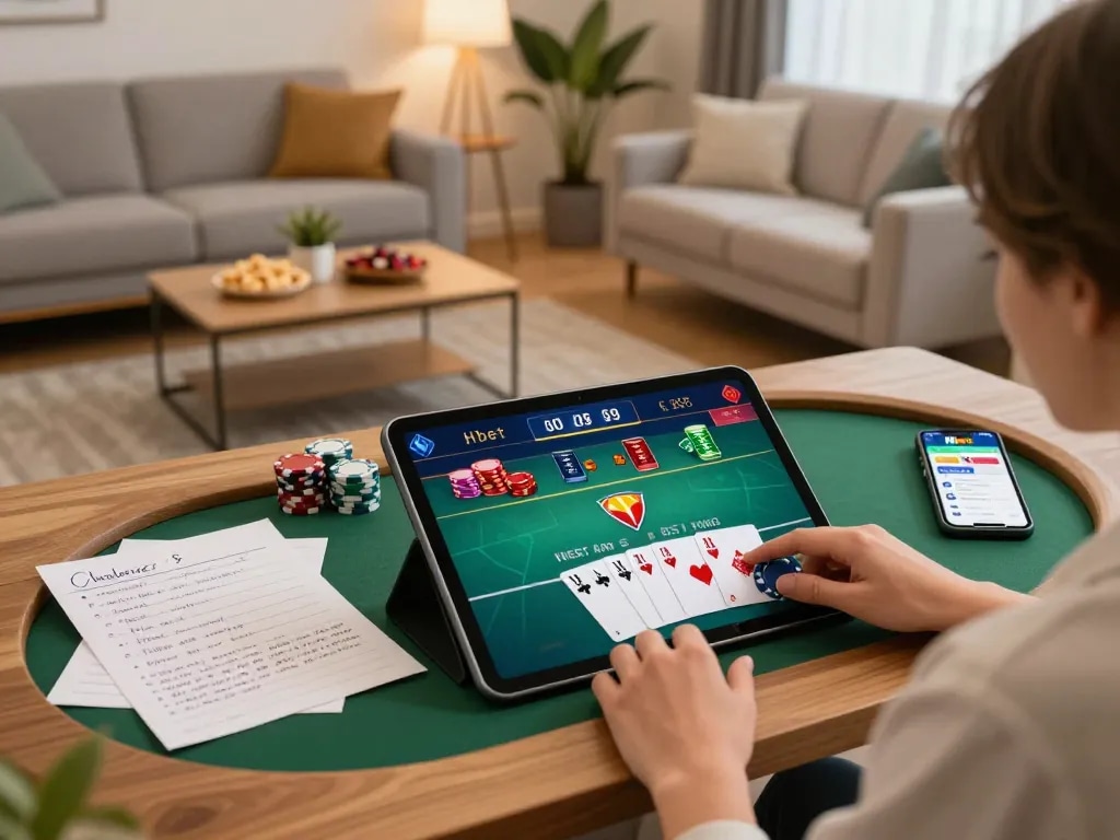 Player enjoying Hbet poker online, with tablet displaying live game and strategic notes.