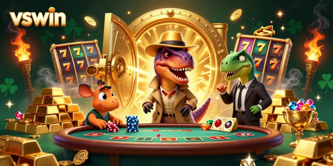 Experience the excitement at vswin with a unique 3D casino scene featuring vibrant characters and golden treasures.