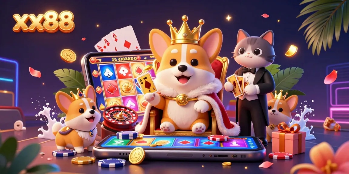 Win big with xx88! Illustrated scene of a royal corgi on poker chips, surrounded by vibrant casino elements.