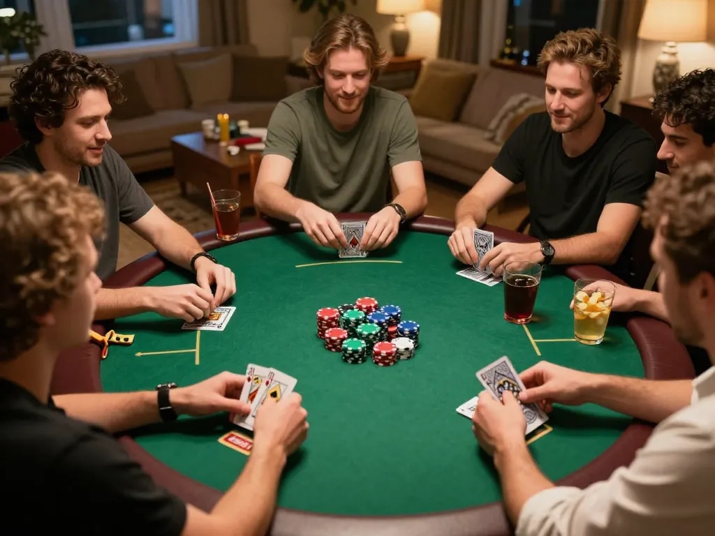 Players enjoying an exciting poker game at home, setting a strategic tone for okwin enthusiasts.