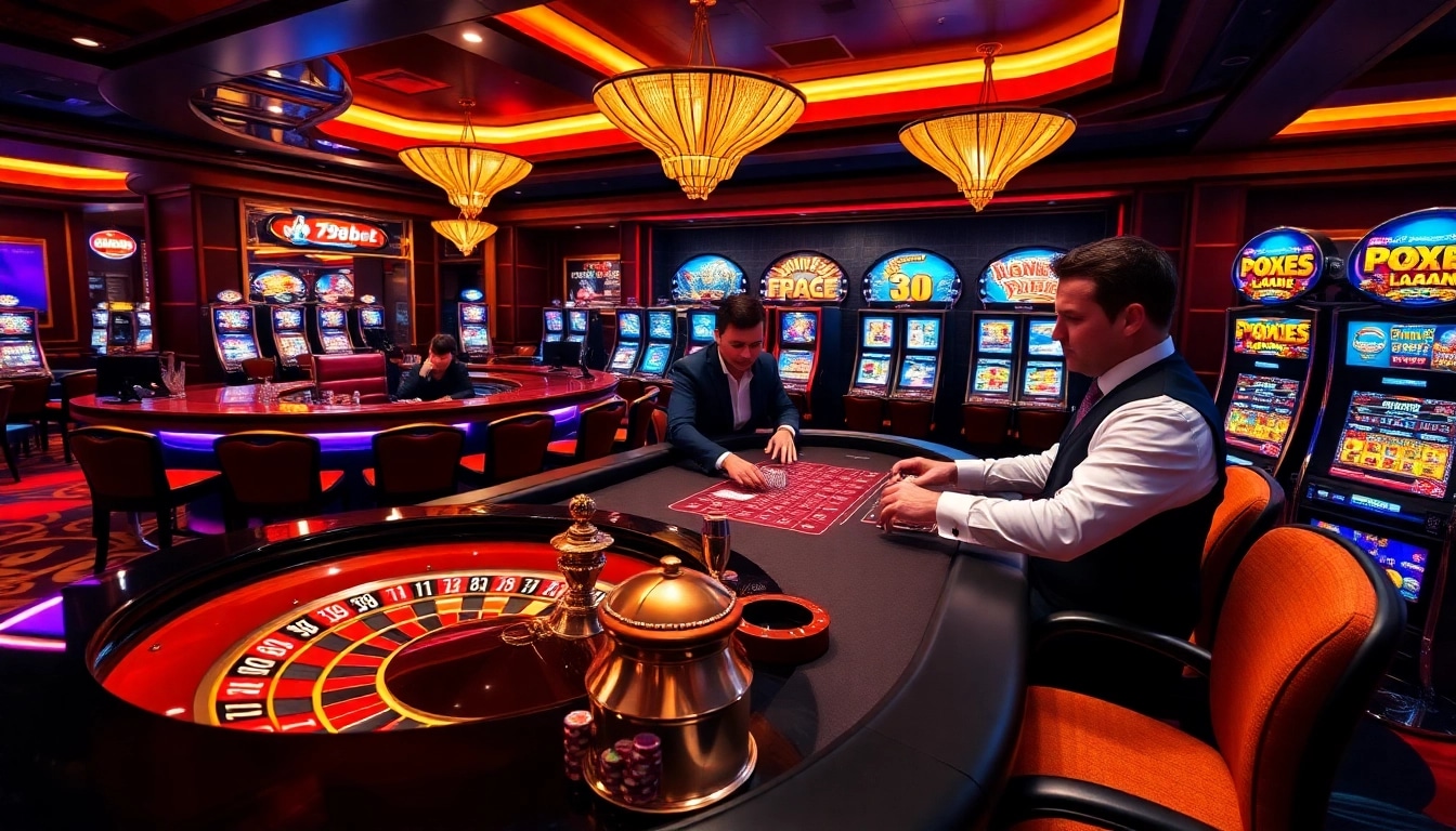 Engaging scene of professional gamblers playing at 789bet's luxurious casino tables.