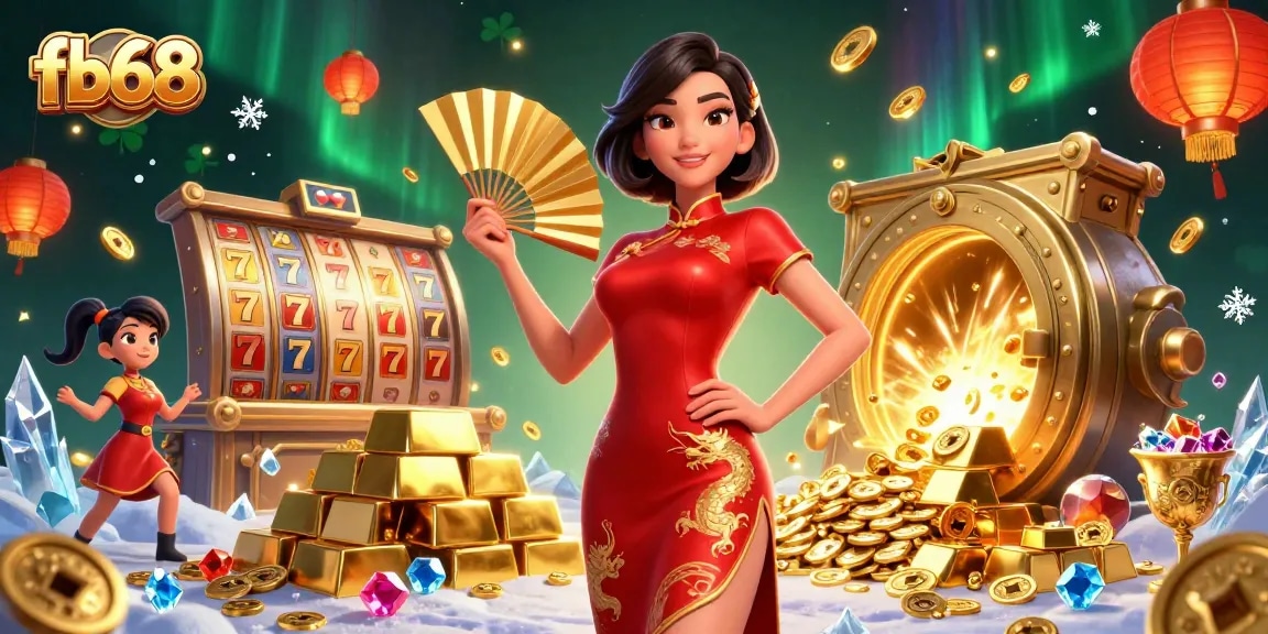 Win big with fb68 at an Asian casino, featuring slot reels, lucky 7s, and radiant gold!