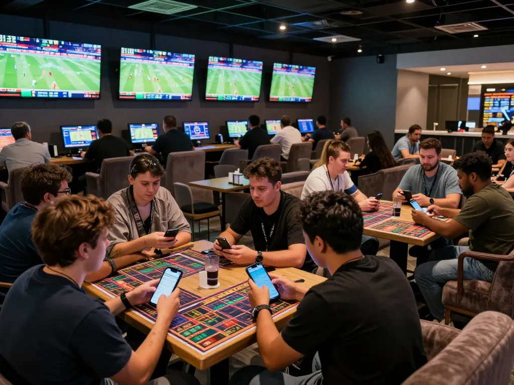 Experience the thrill of betting with the Link đăng ký Sky88 prominently displayed in this vibrant sports lounge scene.
