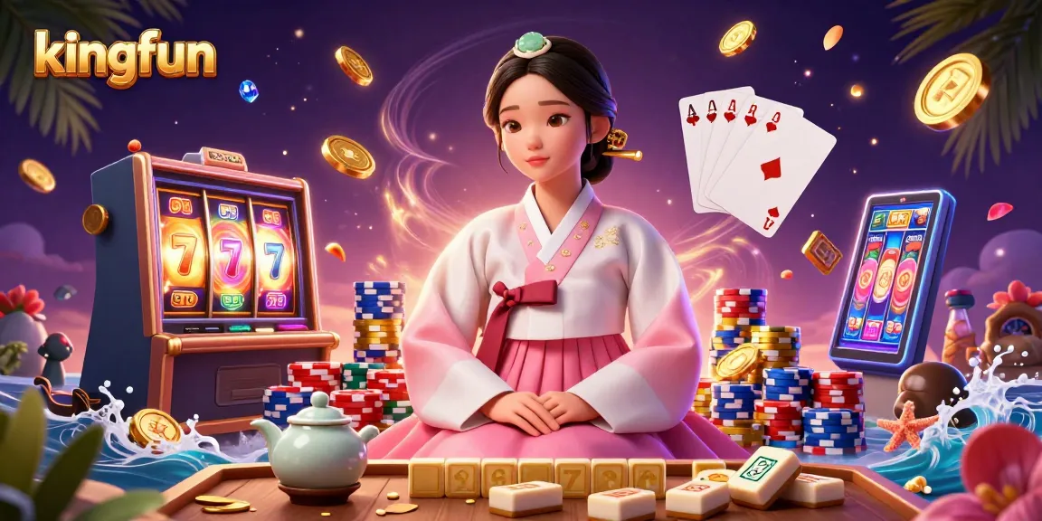 Win big at kingfun with a captivating 3D slot machine experience surrounded by vibrant casino elements.