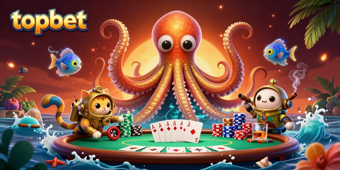 Engage with topbet's thrilling poker scene featuring a kraken and diving cat amidst vibrant casino elements.