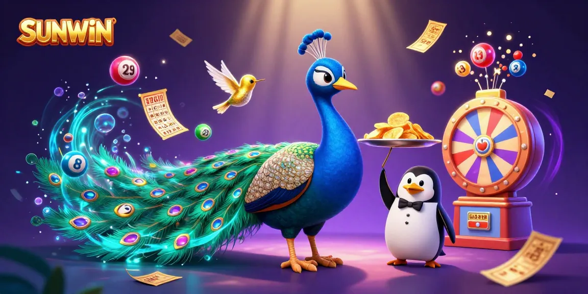 SUNWIN reveals an exciting world of games, featuring a peacock and penguin at a dynamic casino scene.
