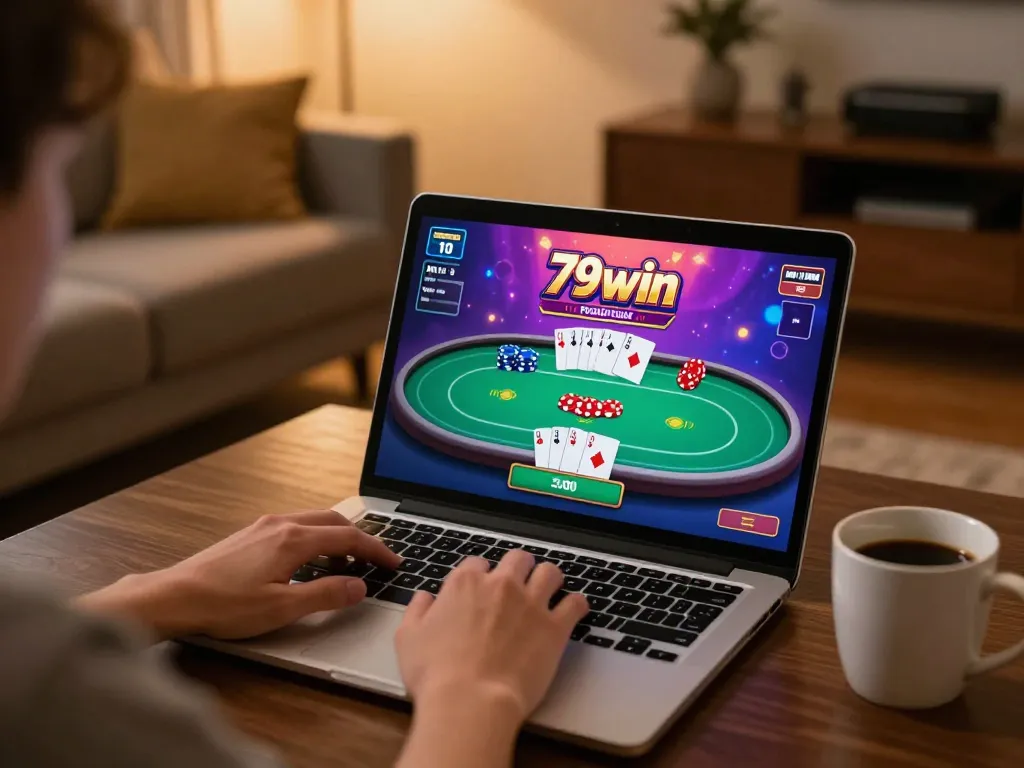 Engaging poker gameplay at 79win on a laptop in a cozy home setting