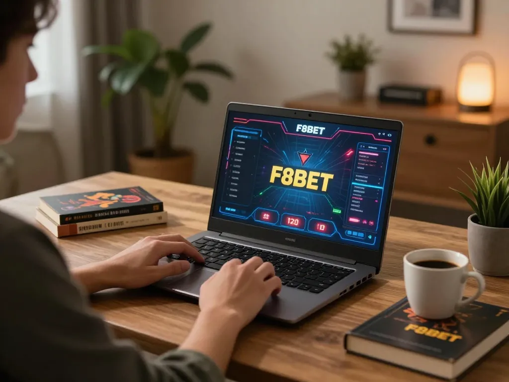 Engaging in F8BET online gaming with a laptop and strategic books in a cozy home office.