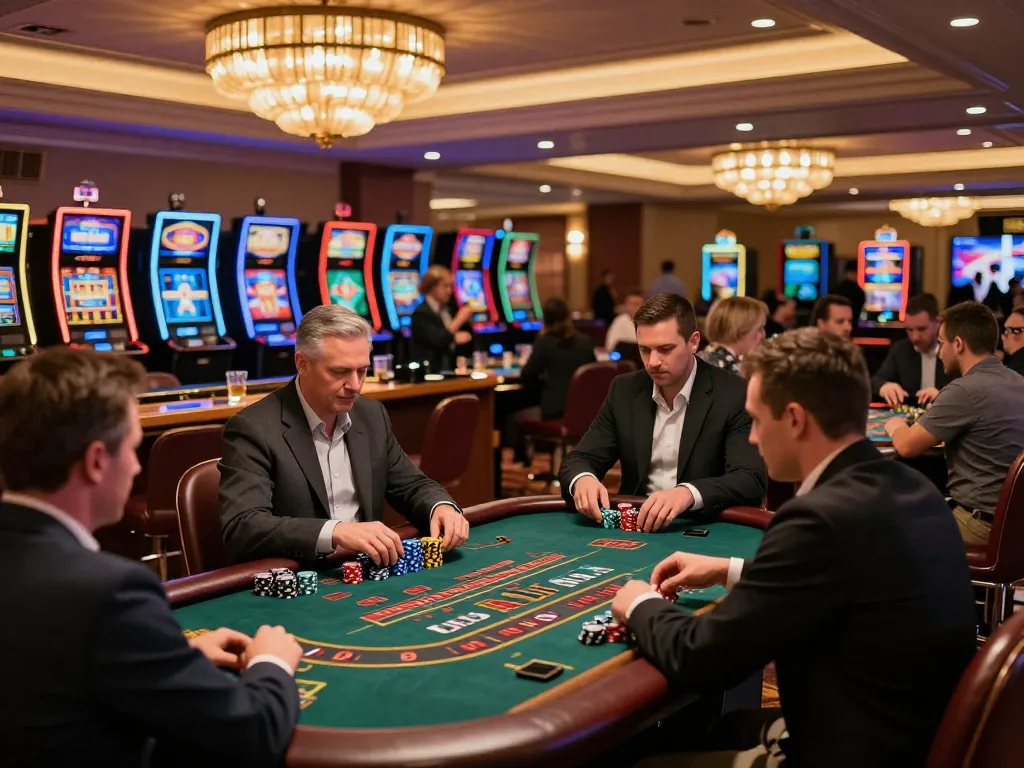 Players engaged in thrilling gameplay at win678 casino, chips stacked and excitement high at gaming tables.