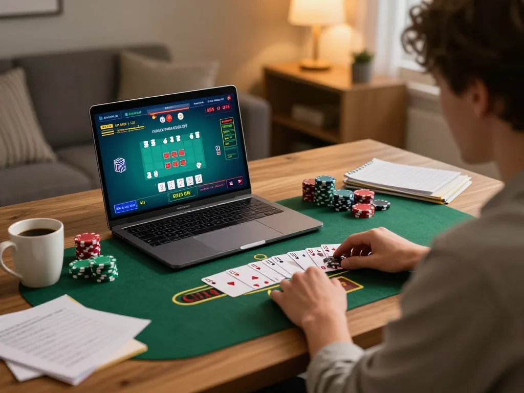 Player enjoying blackjack on lc88 website in a cozy home office, focusing on the game with strategic notes.