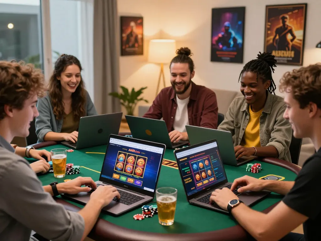 Friends enjoying gaming on AU88 com in a lively apartment setting, capturing the excitement and camaraderie.