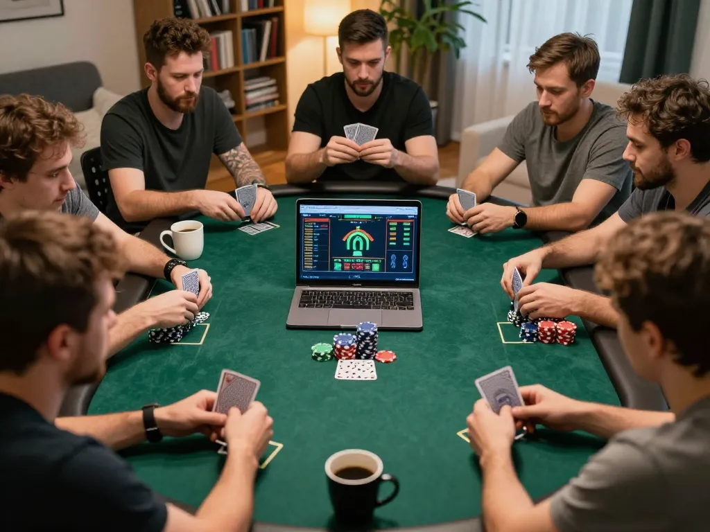 Engaging online poker scene at home showing players in action, j188 strategy in focus.