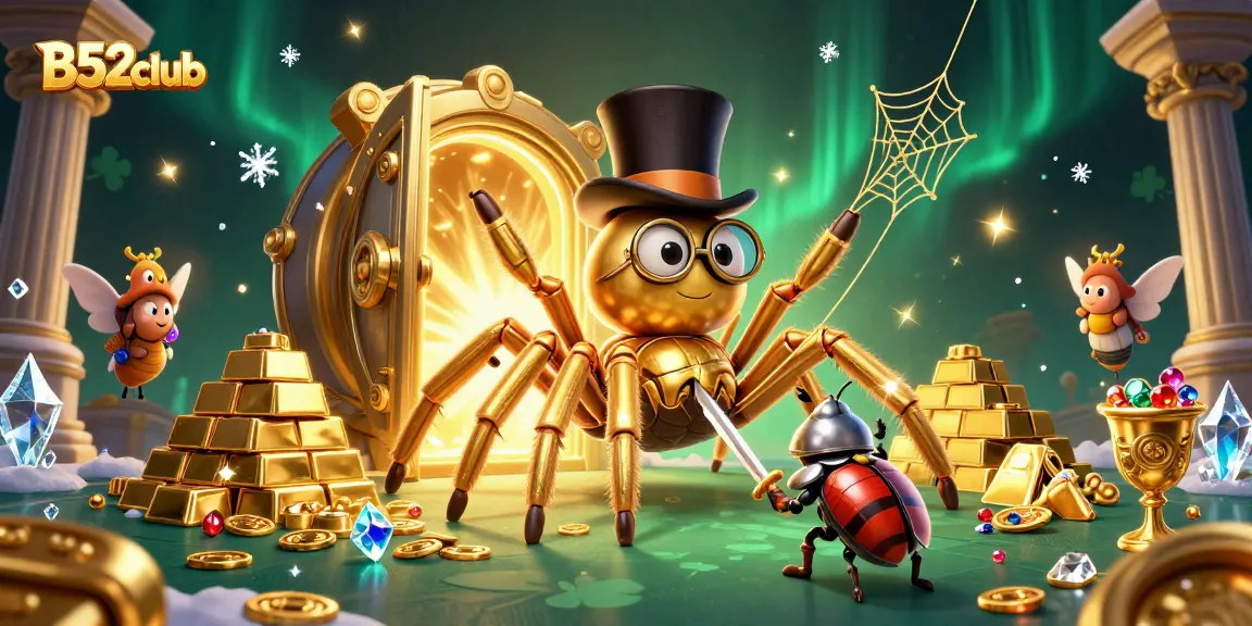 B52club features a giant golden tarantula weaving a web of gold while beetle knights ready their golden swords in a vibrant casino.