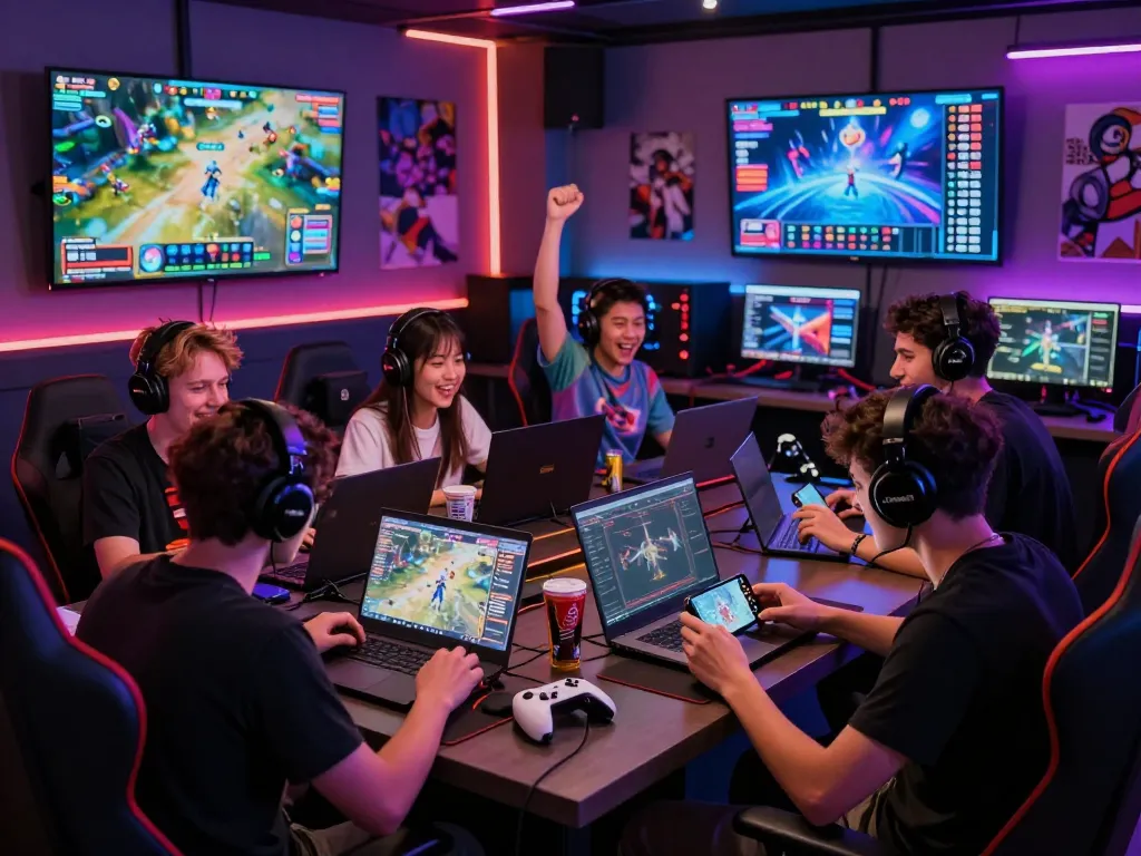Exciting gaming atmosphere at S666 with players engaged in thrilling online games, showcasing lively interaction and vibrant decor.