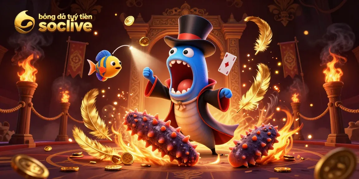 Experience bóng đá trực tuyến socolive with vibrant 3D illustration of aquatic characters engaging in a captivating magic performance.